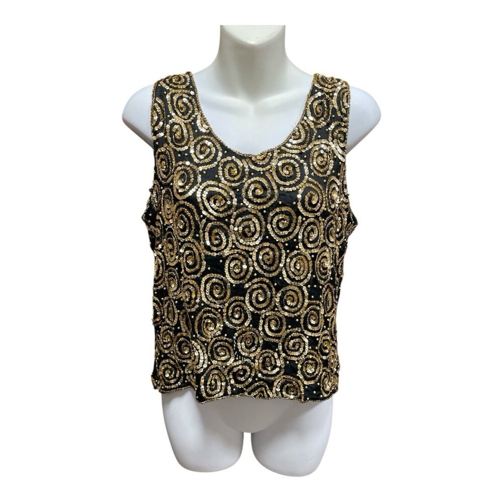 Vintage SPELL BOUND Black 100% Silk Tank Top Gold Swirl Sequins Size Small